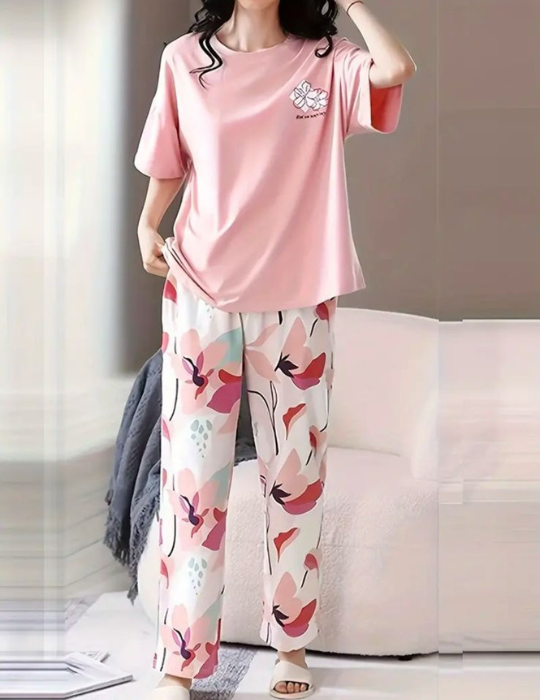 Jersey Cotton Pajama Set - Half-Sleeve & Printed Trousers | BelleNisa